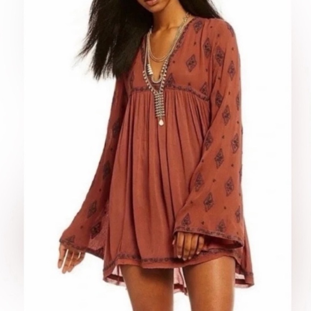 Free People Diamond Embroidered Mini Dress Boho Bell Sleeve Tunic Rust Small